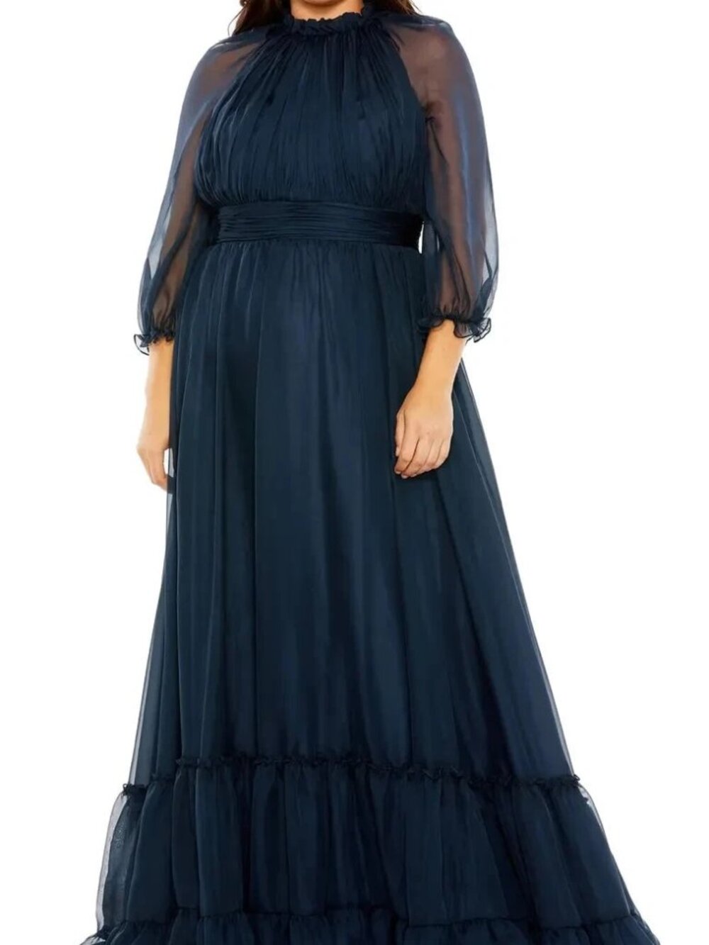 Mac Duggal Navy Blue Ruffle Puff Sleeves High Neck Tiered Skirt